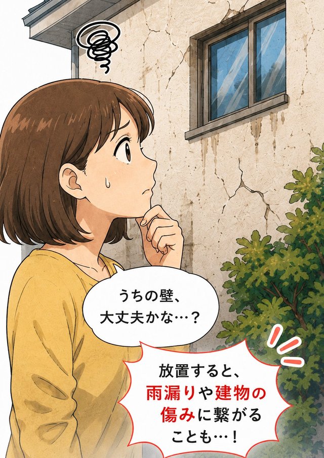 自宅の外壁を見上げて不安そうにする女性。「うちの壁、大丈夫かな…？」「放置すると、雨漏りや建物の傷みに繋がることも…！」