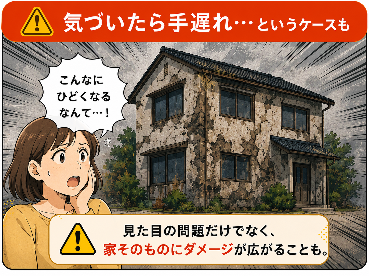 劣化が進んで傷んだ家を見て驚く女性