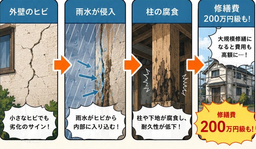 外壁のヒビ→雨水が侵入→柱の腐食→修繕費200万円級、という劣化の進行図