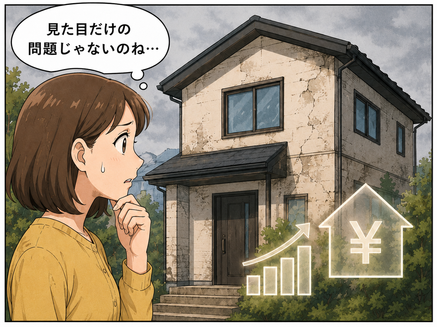 ひび割れた我が家と資産価値を表す¥グラフを前に考え込む女性