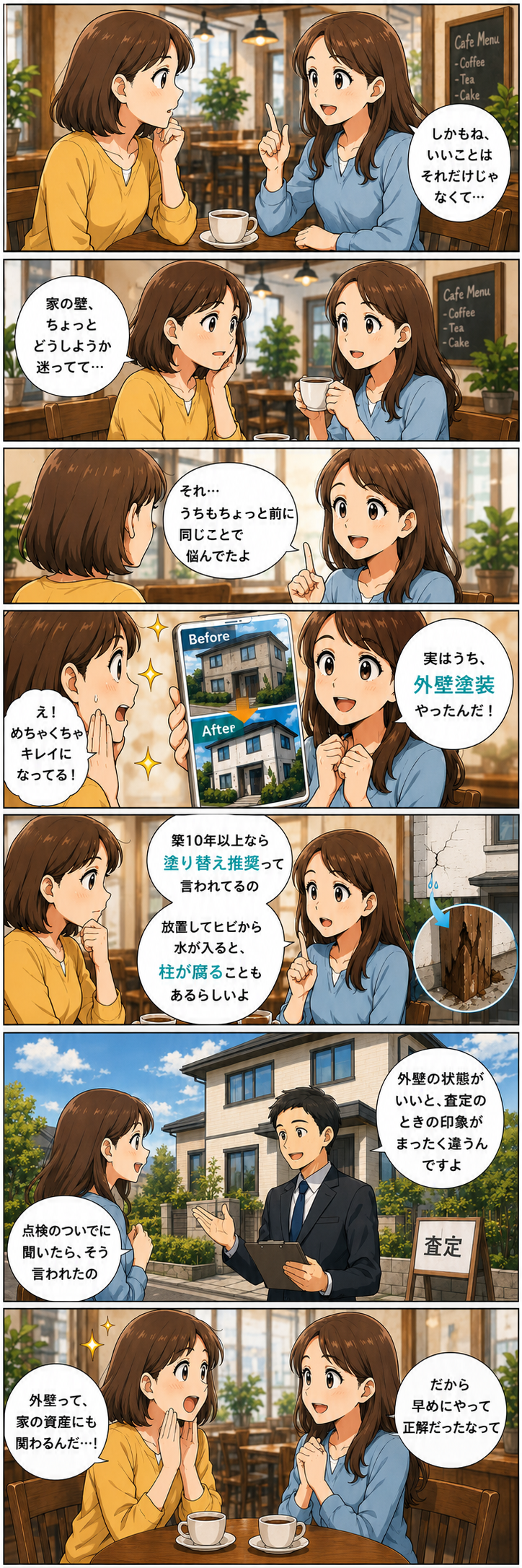 カフェで友人に外壁の悩みを相談し、外壁塗装のBeforeAfterを見せてもらう4コマ漫画