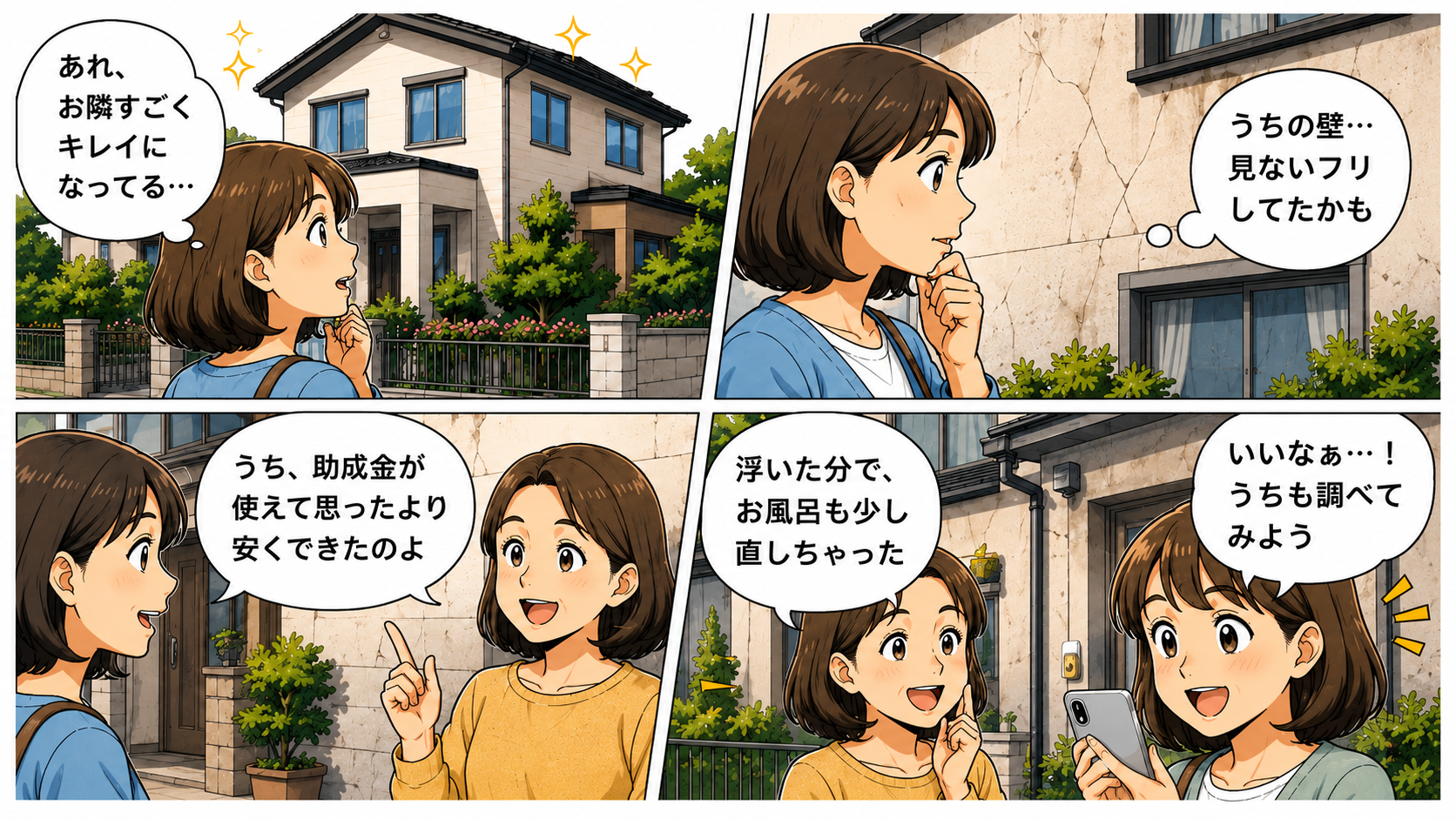 お隣がキレイになったのを見て助成金の話を聞き、「うちも調べてみよう」とスマホを手にする女性の4コマ漫画